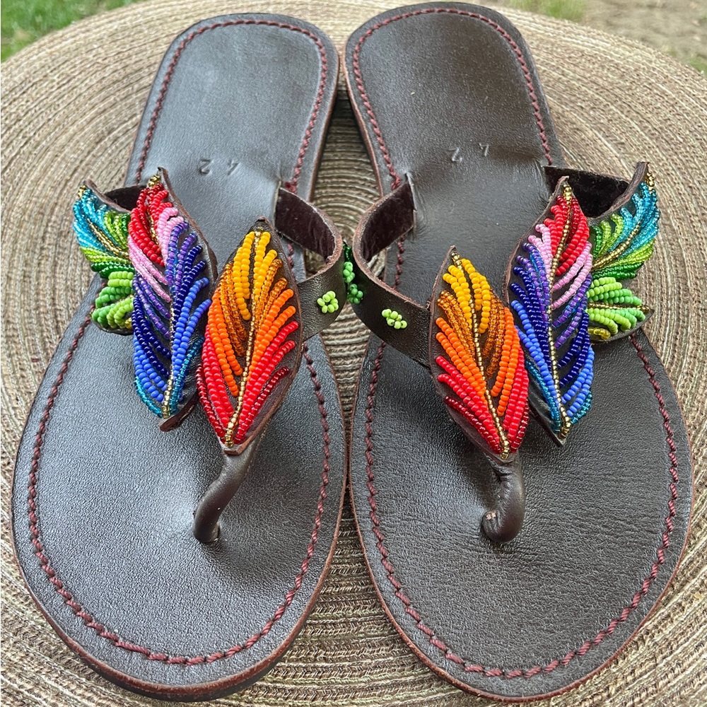 Gorgeous Authentic African Maasai Hand Beaded Feather Leather Sandals Women 11